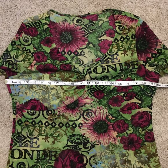 Y2K 'Save The World' Retro Flowers + Text Printed Mesh Top - Picture 12 of 16
